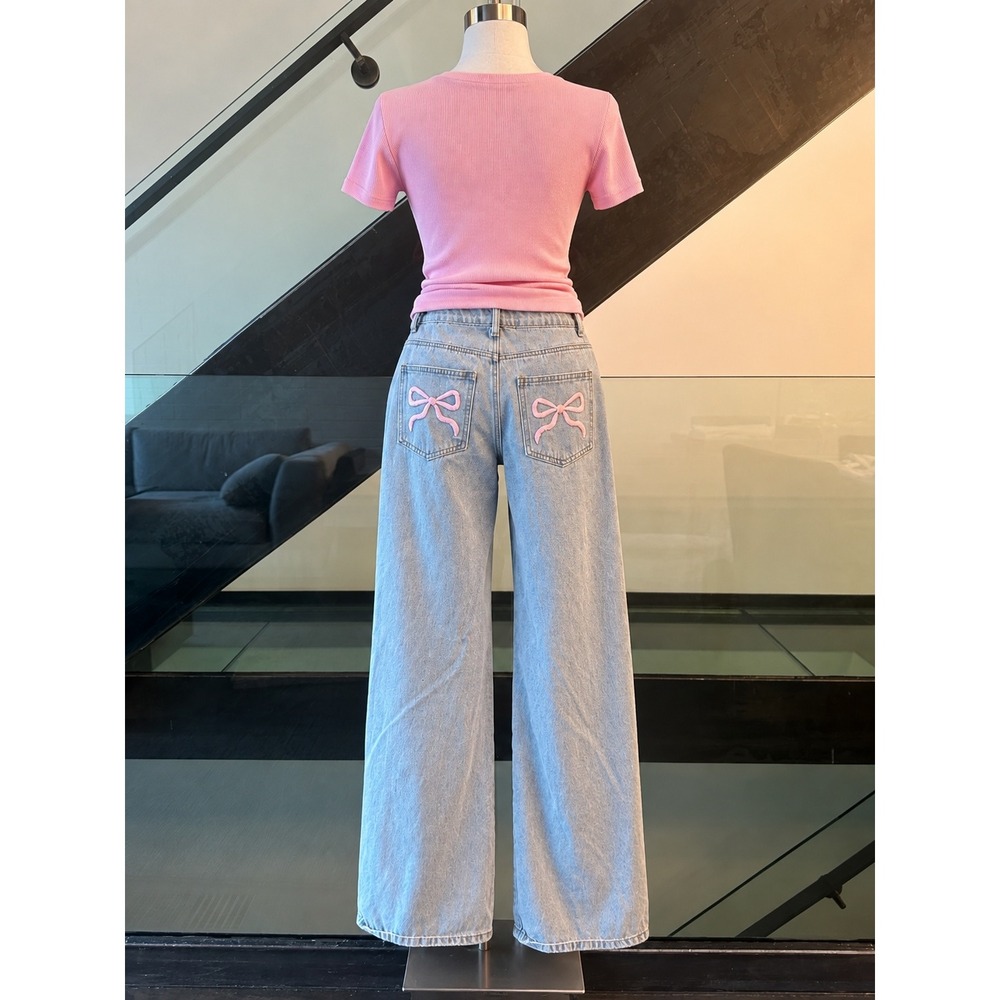 Edikted Light Wash Wide Leg Jeans Pink Bow Back Pockets High Waist XS